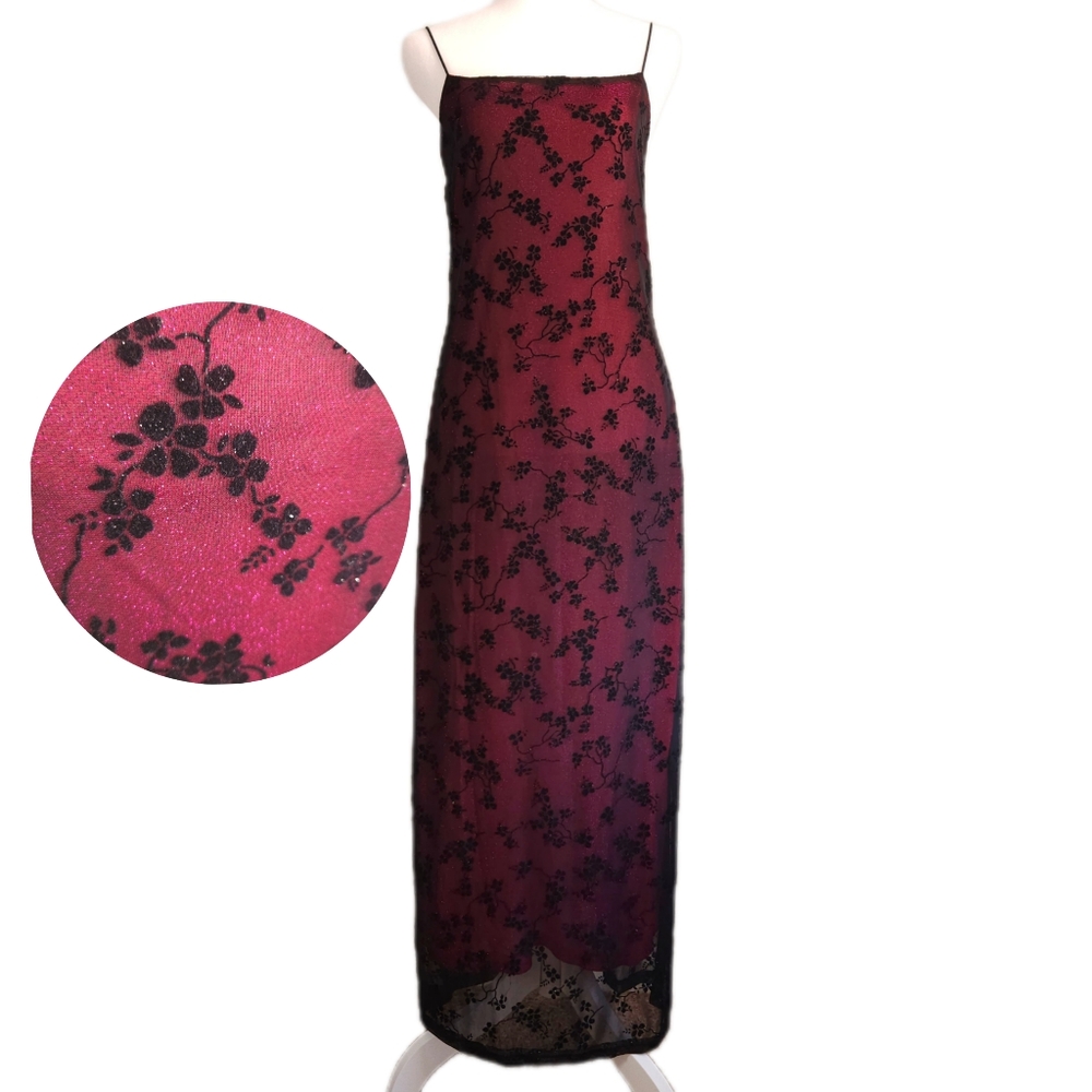 DBY Vintage Floral Mesh Slip Dress Womens 9/10 Velvet Burnout Whimsigoth Y2K Red